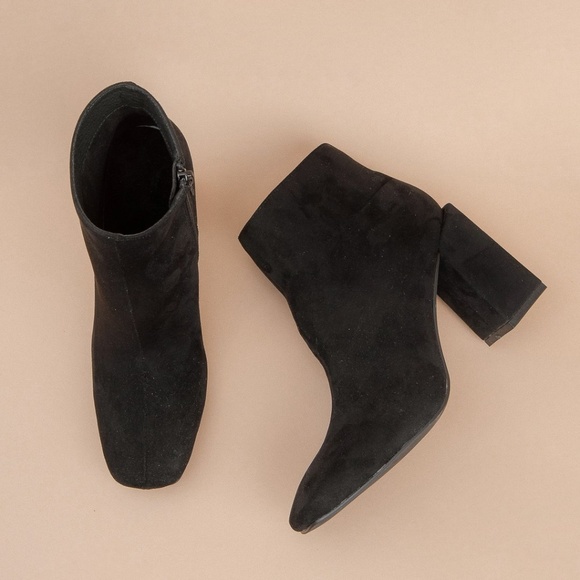 Black Uneven Stack Block Heel Bootie - Picture 2 of 5